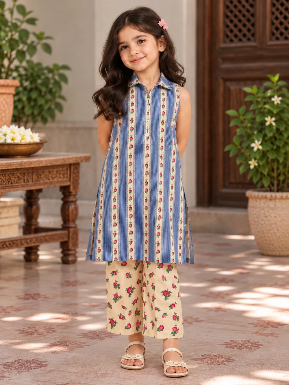 Alkaram Girls Blue Striped Floral Kurta with Rose-Print Trouser