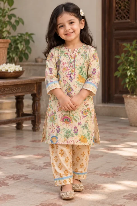 Alkaram Girls Cream Floral Kurta with Printed Shalwar