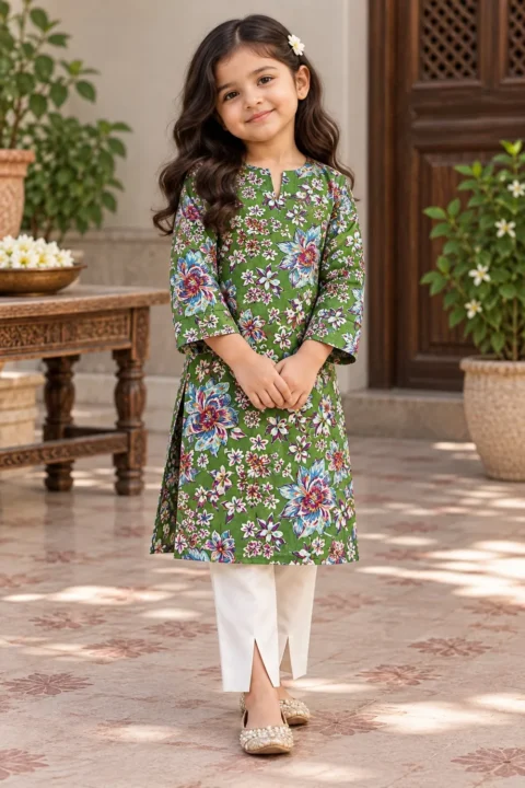 Alkaram Girls Green Floral Printed Kurta with Trouser