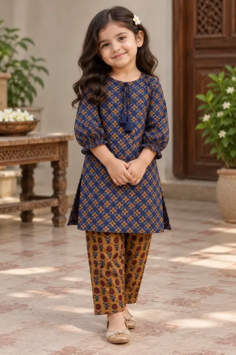 Alkaram Girls Navy Blue Floral Kurta with Printed Trouser