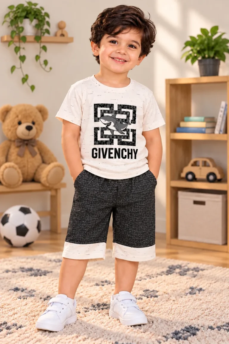 Boys T-shirt with Shorts - White and Black - front view