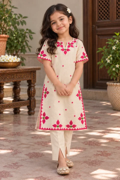 Cream and Hot Pink Cutwork Girls 2-Piece Suit