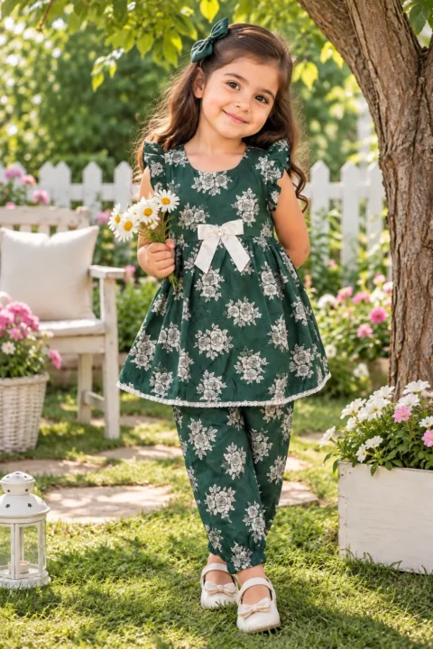 Girls 2-Piece Floral Printed Frock with Shalwar
