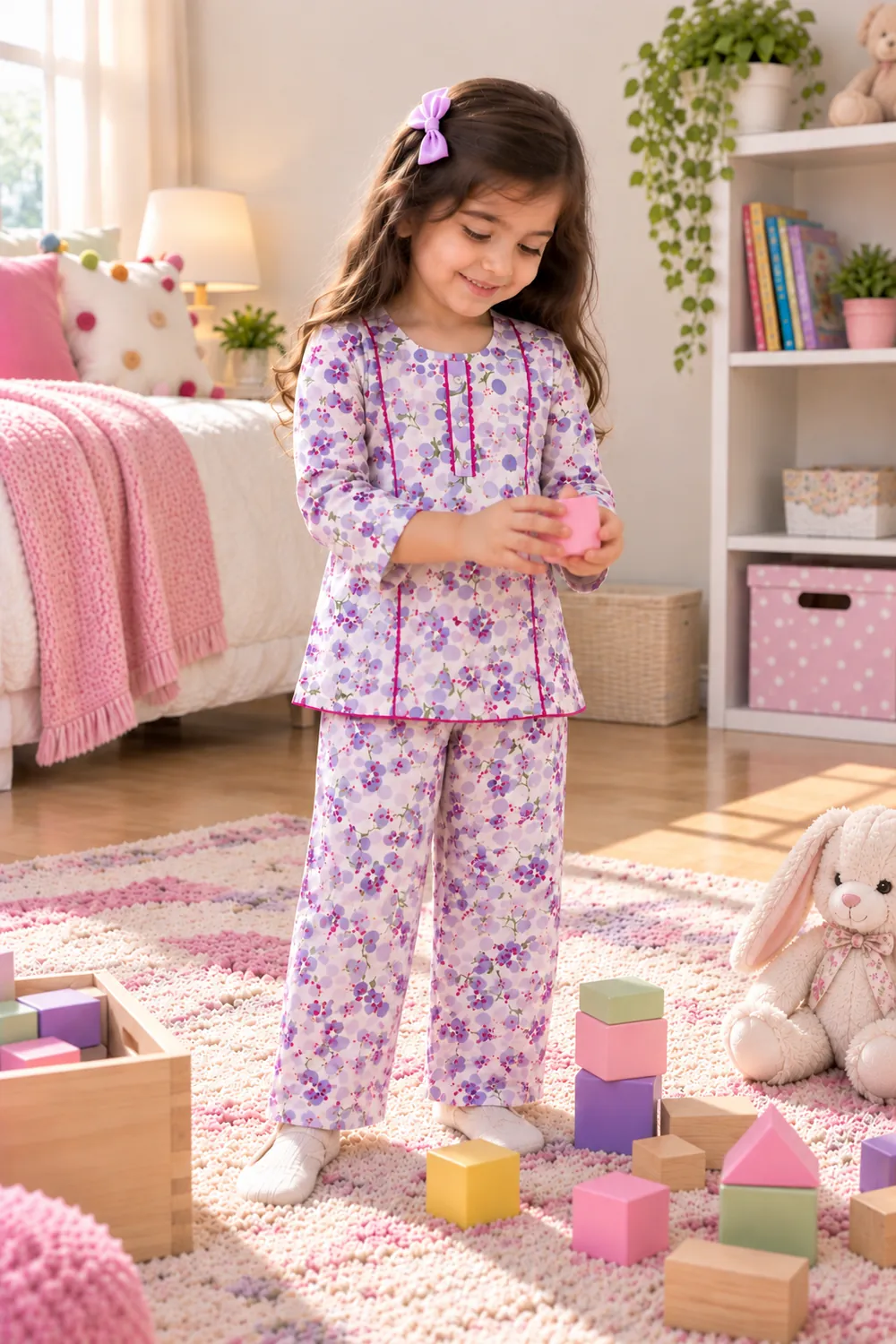 Girls 2-Piece Outfit Floral Printed Kurta with Pajama