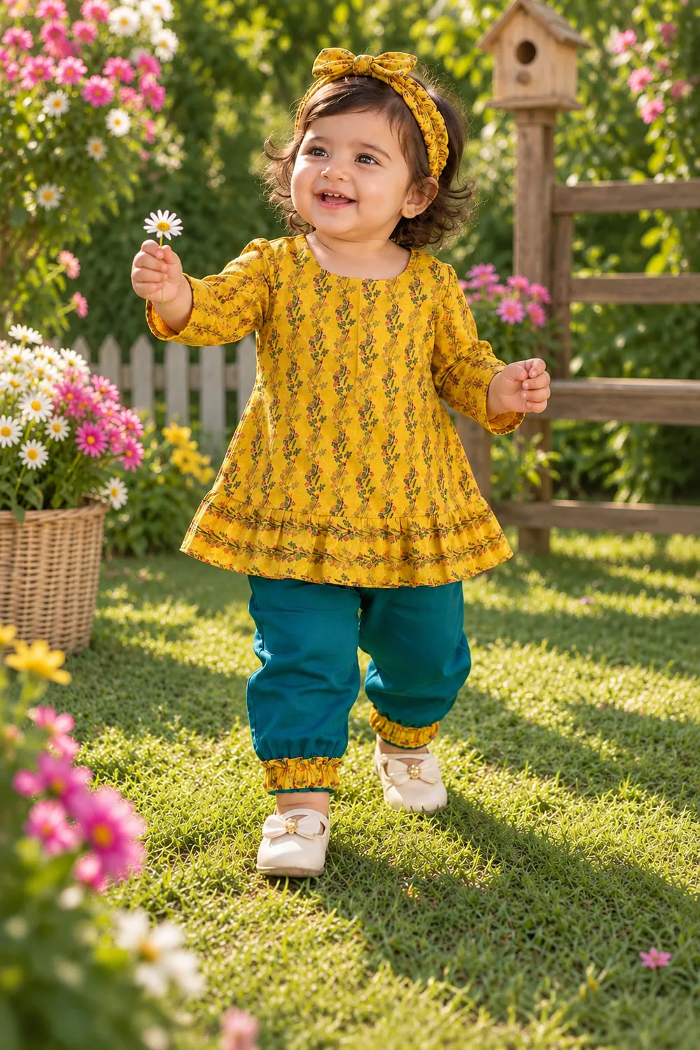 Girls Floral Printed Frock with Trouser