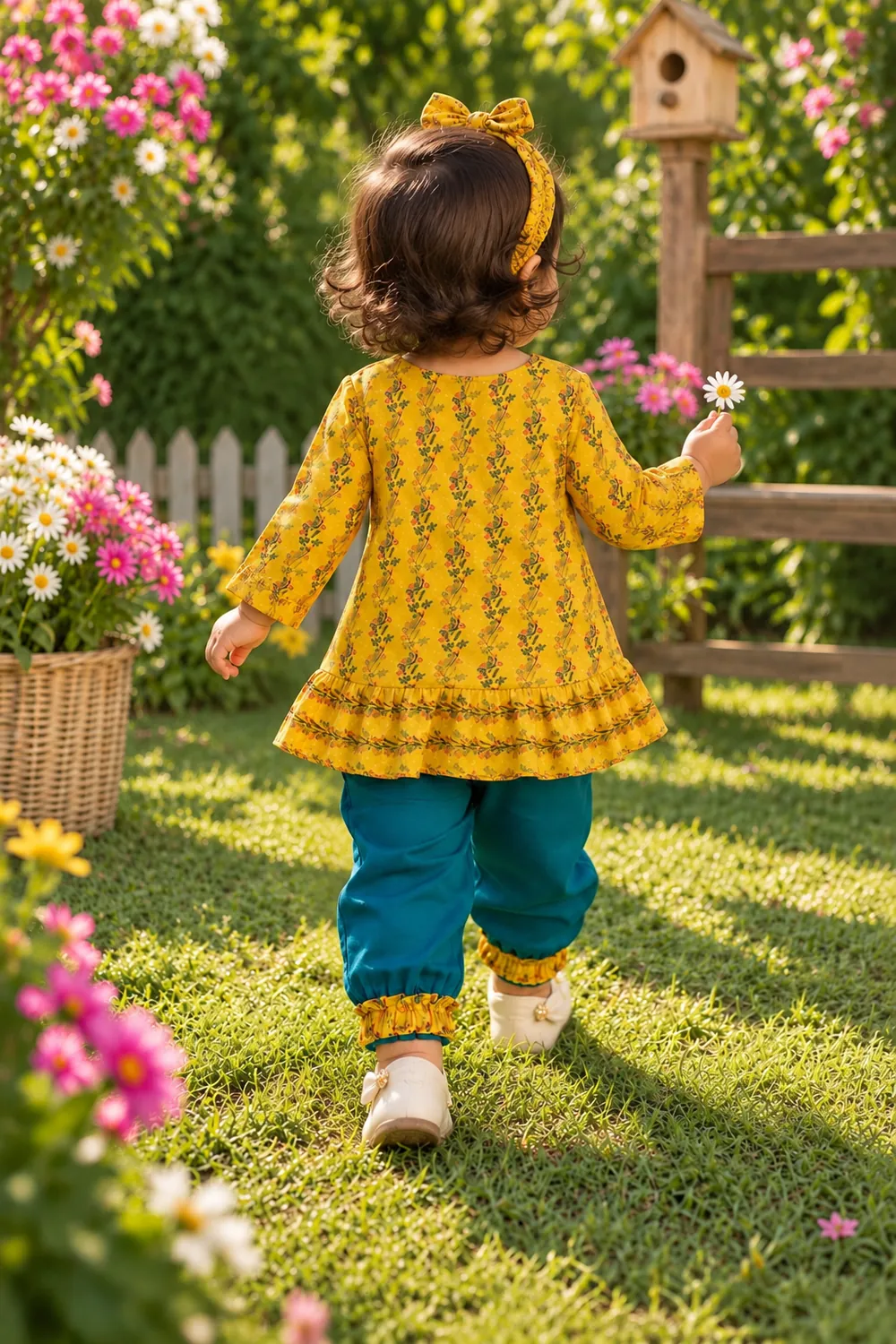 Girls Floral Printed Frock with Trouser - back view