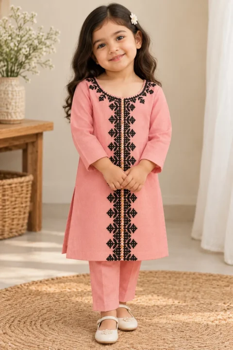 Light Pink and Black Embroidered Girls 2-Piece Suit
