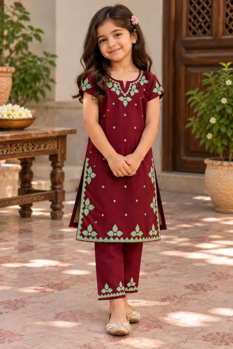 Maroon & Mint Green Cutwork 2-Piece Girls Suit - front view
