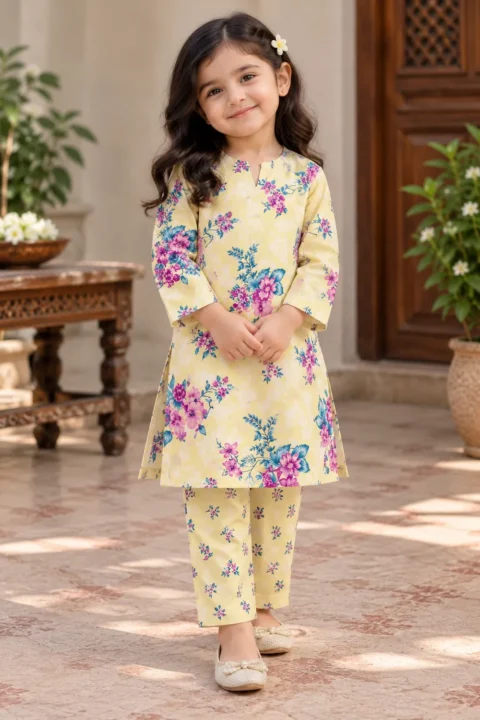 Saya Girls Pastel Yellow Floral Printed Kurta with Trouser